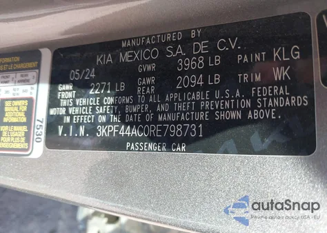 2024 Kia Forte Gt из США, поврежденный, VIN 3KPF44AC0RE798731